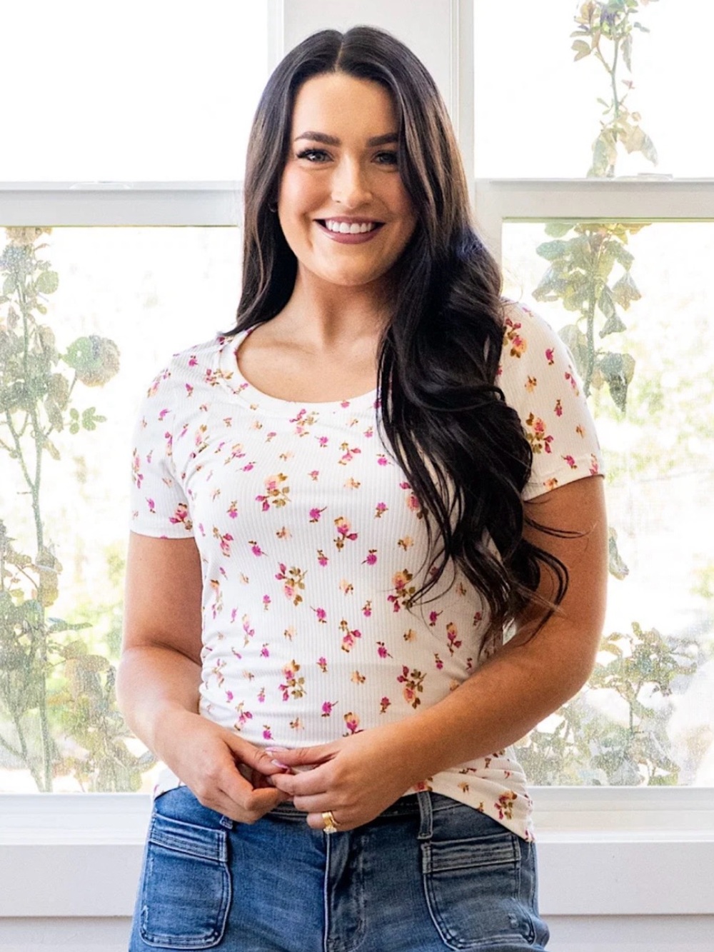 Ribbed Short Sleeve Floral Tee - White with Pink Floral